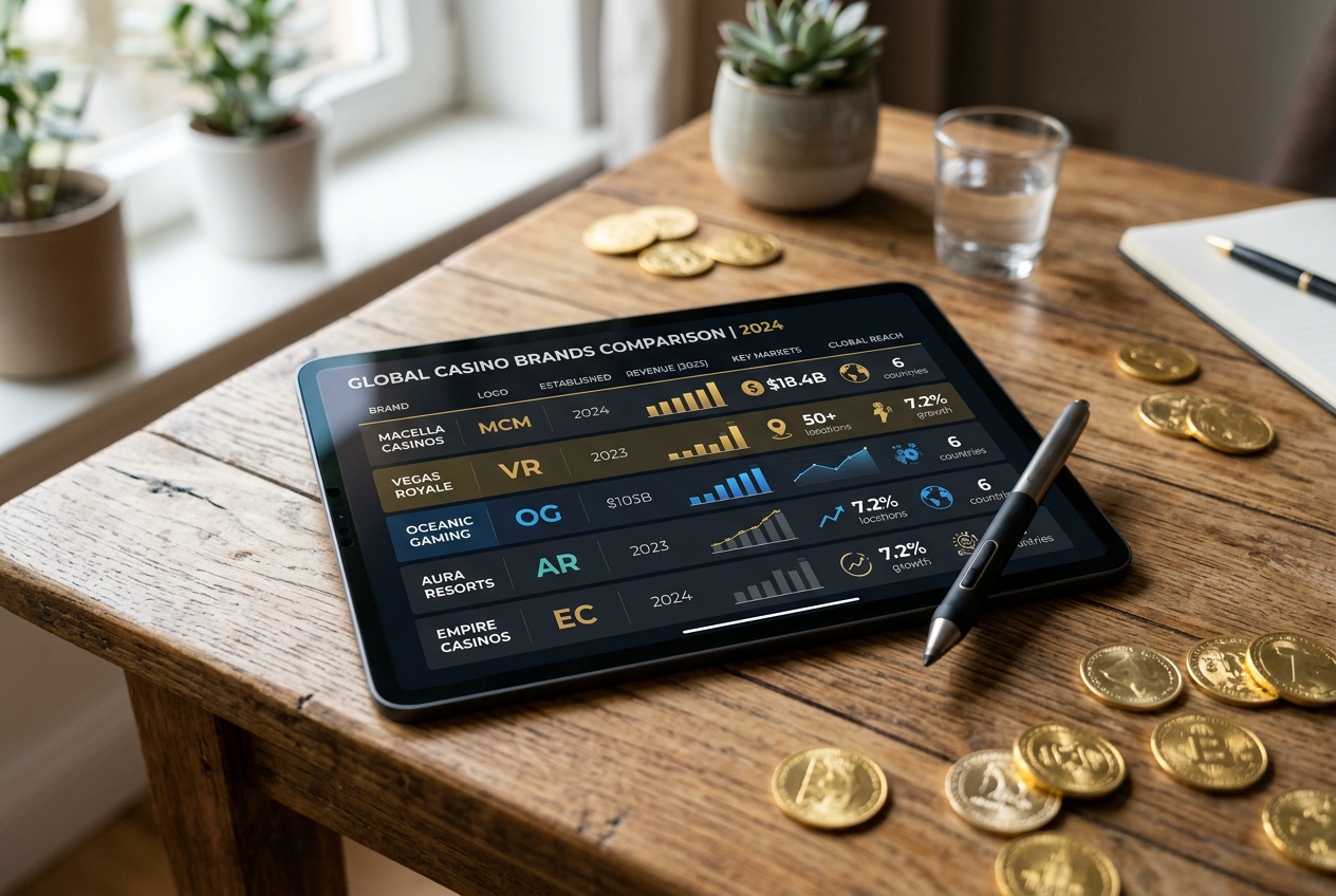 Digital tablet displaying a casino comparison chart on a modern desk