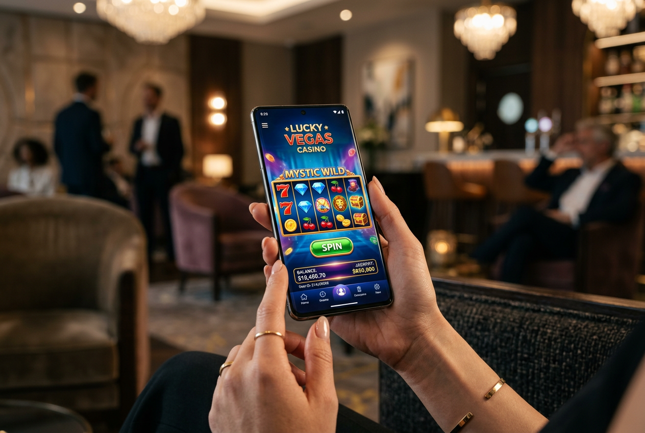 Premium smartphone showing an online casino app in a luxury setting