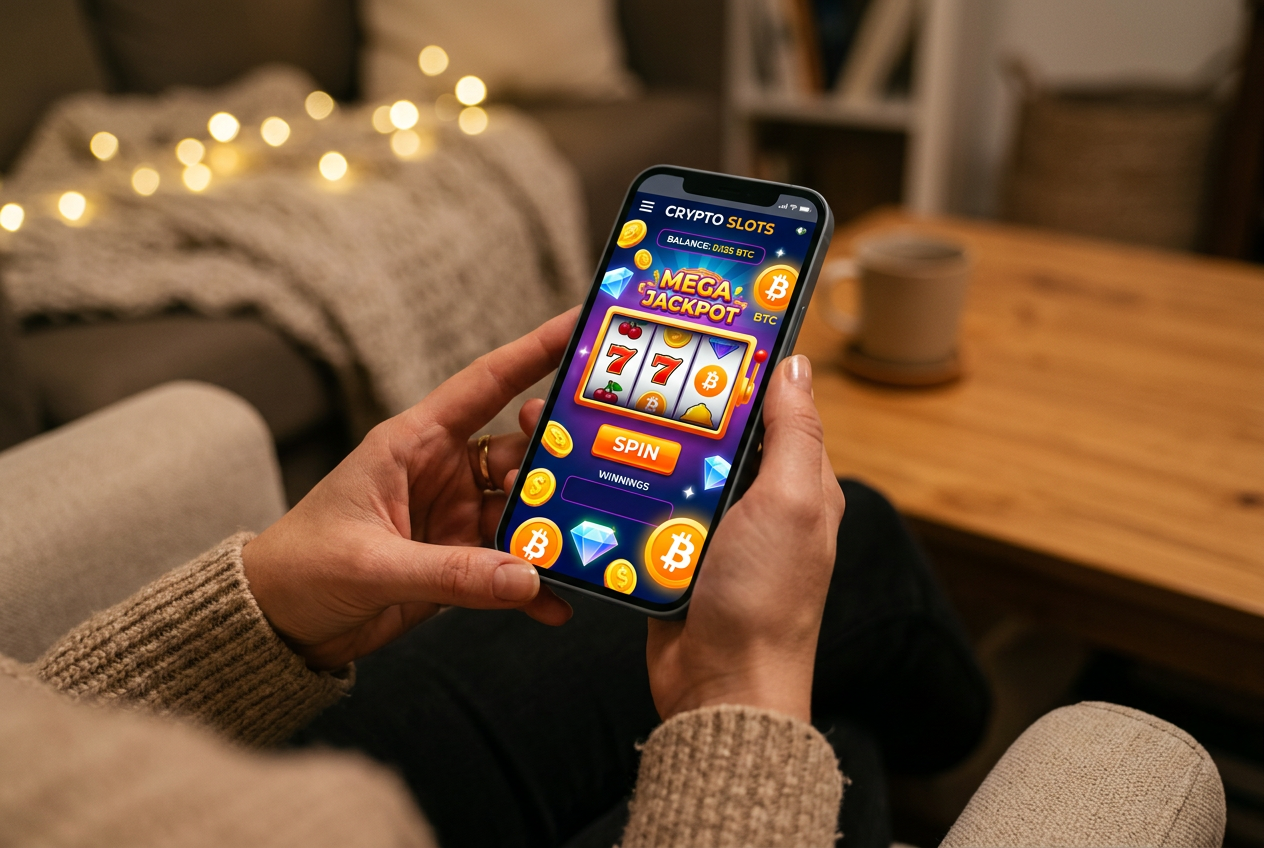A person using a smartphone for online gaming with a focus on digital currency.