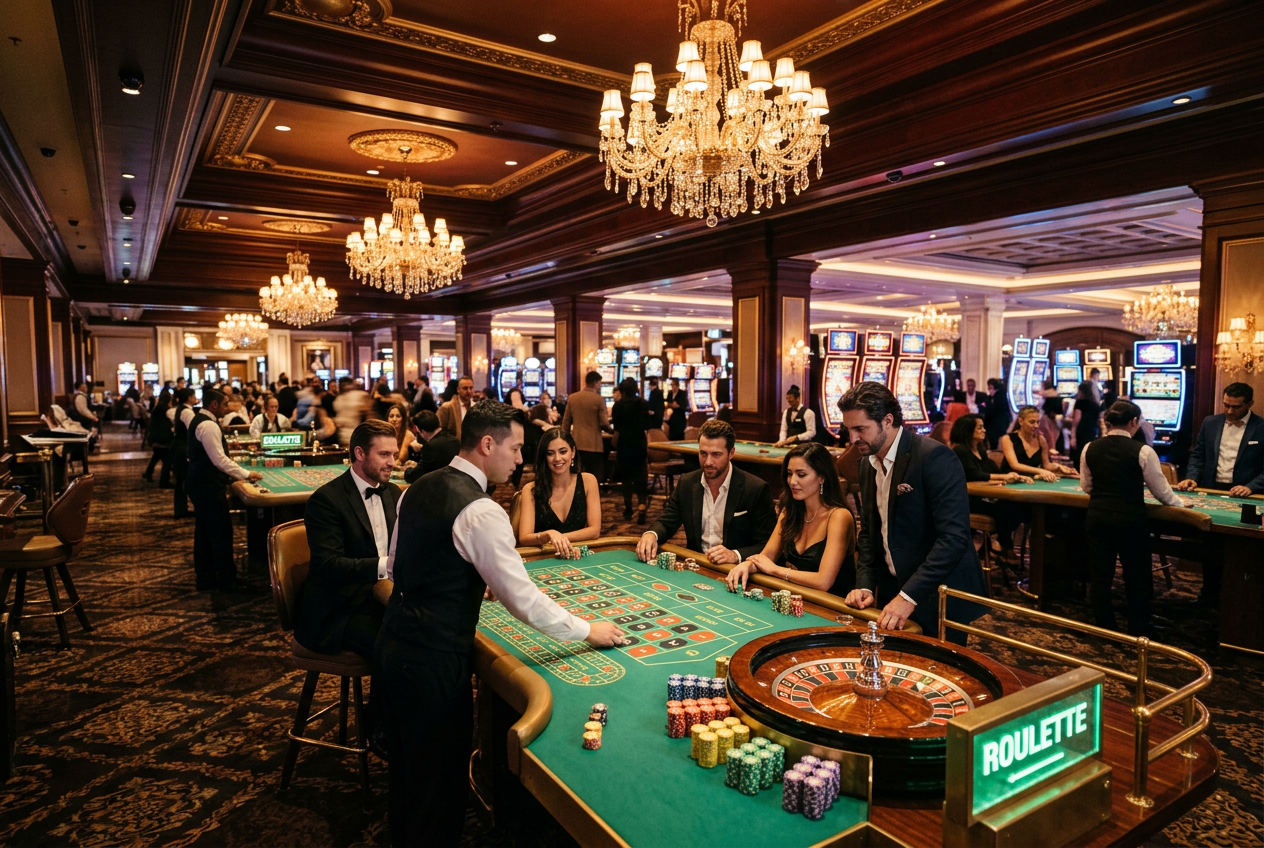 Interior of a luxury casino with high-stakes gaming tables.